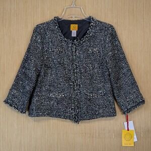 Ruby Rd Womens Tweed Metallic Zip Front Jacket Black Embellished Career 12 New
